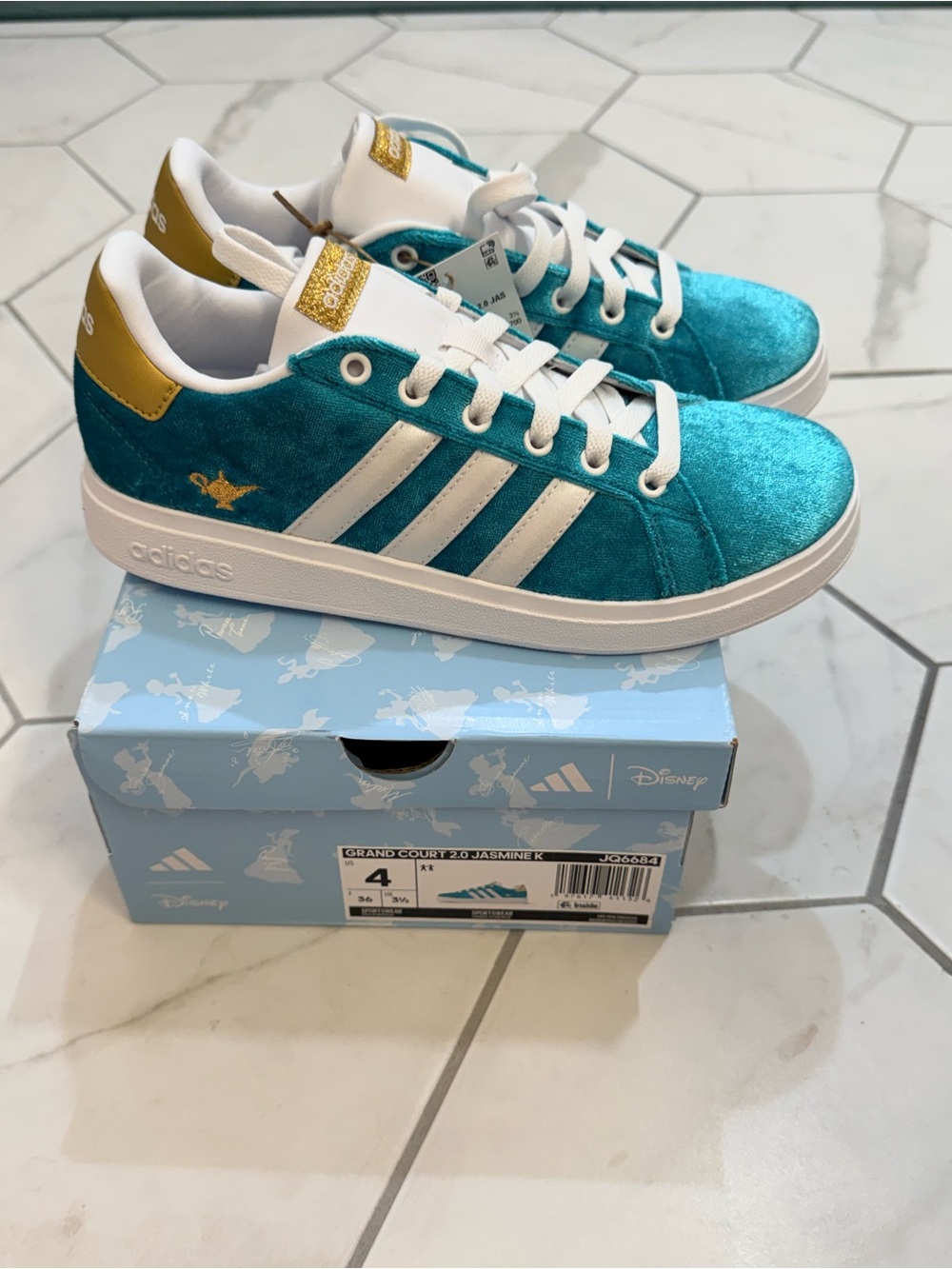 Disney Kids Teal Velvet Sneakers with White Stripes and Gold Accents